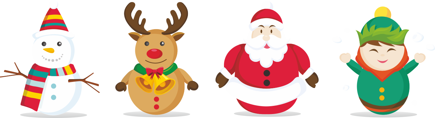 Babbo Natale, Pupazzo di neve, Elfo e Renna